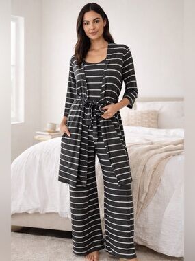 Everly Grey Lounge Set Charcoal Stripes XL Travel Cozy Postpartum Matching Set